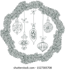 Round wreath of pine branches with Christmas toys. Vector holiday illustration. Invitation, greeting card or an element for your design. 