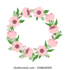 Round wreath of pink flowers. Spring frame in pastel colors. Cute vector illustration.