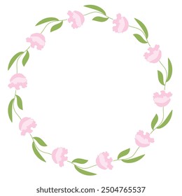 Round wreath from pink flowers. Vector decorative element.