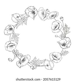 Round wreath of poppies in black and white. Frame made of summer flowers.