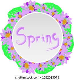 round wreath with purple water lotus and green leaves isolated on white background, in the middle inscription brush spring