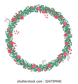 Round wreath with red roses isolated on white. For season design, announcements, postcards, posters.