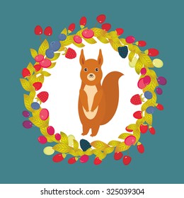 Round wreath with red squirrel, Cherry, Strawberry, Raspberry, Blackberry, Blueberry, Cranberry, Cowberry, Goji, Grape on dark blue background. Vector