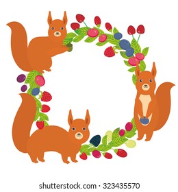 Round wreath with red squirrels Cherry Strawberry Raspberry Blackberry Blueberry Cranberry Cowberry Goji Grape Fresh juicy berries on white background. Vector