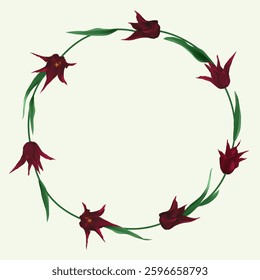 Round wreath of red tulips. Beautiful spring flowers. Floral background. Pointed tulips.