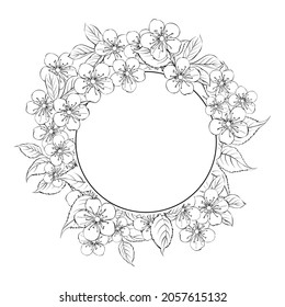 Round wreath of sakura in black and white. Frame made of spring flowers.