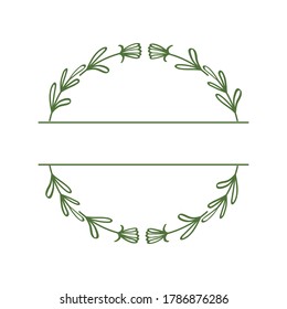 Round wreath separated by lines for text or monogram. Split monogram. Floral frame with linear elements in doodle style. Elegant border with abstract flowers and branches. Vector illustration 