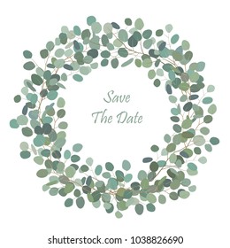 Round wreath with silver dollar eucalyptus. Healing Herbs for cards, wedding invitation, posters, save the date or greeting design.