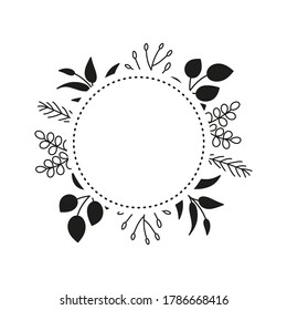 Round wreath with simple doodle black and outline leafy twigs, wild herbs, plants, berries, empty space for text isolated on white background.