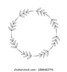 Round wreath with simple twigs and leaves. Frame design in a linear style. Circle with foliage. Border for logo, tags, home album, scrapbooking. Vector illustration isolated on white background. Black