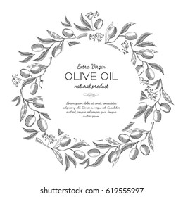 Round wreath sketch composition with beautiful blooms and information in the center about olive oil hand drawing vector illustration