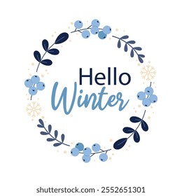 Round wreath with snowflakes, winter berries and twigs. Design for greeting card, sale or promotional poster, flyer, web banner, web poster. Winter frame.