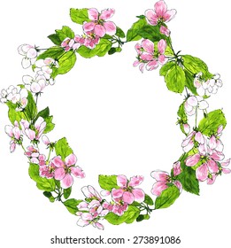 round wreath with spring tree flowers,apple blossoms, cherry and peach blooming, hand drawn template, vector illustration