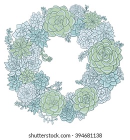 round wreath with succulents, hand drawn vector template