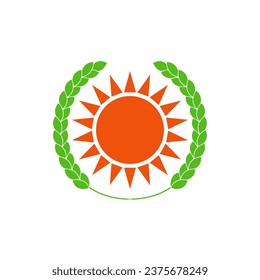 A round wreath with sun and rays inside. 