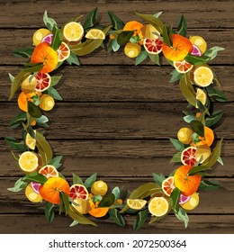 Round wreath of tangerine branches. Vector wreath for thanksgiving designs, menus, banner ad, postcards, greetings