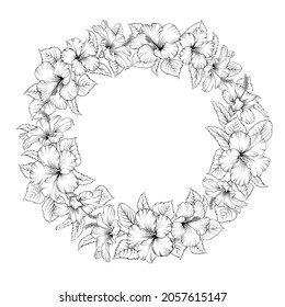 Round Wreath Of Tropical Flowers In Black And White. Frame Made Of Hibiscus.