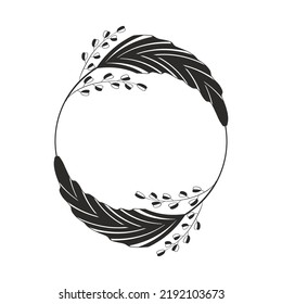 Round wreath of two large leaves, the shape of a bird feather, twigs with flowers. Black and white frame template with place for text. Floral border, outline design, engraving, tattoo, elegant print