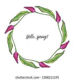 round wreath of vector colored Tulip flowers, spring flowers