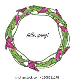 round wreath of vector colored Tulip flowers, spring flowers
