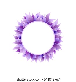 Round wreath with violet  leaves. Text box or label. Floral frame on white background. Vector illustration.