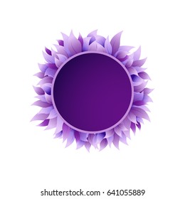 Round wreath with violet  leaves. Text box. Floral frame on white background. Vector illustration.