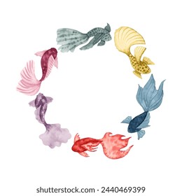 Round wreath of watercolor fish.Hand illustration.Simple, stylized style. Solid color sea animals. Underwater world of marine wildlife.Ocean and sea.Vector frame.