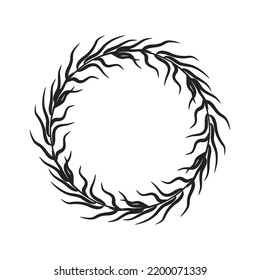 Round Wreath With Wavy Leaves. Mystical Border Made Of Grass, Bamboo Sprigs. Floral Frame With Place For Text. Decorative Design Element, Doodle Drawing Isolated On White Background. Simple Minimalist