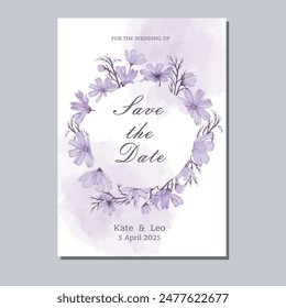 Diseño de Vector de invitación de boda de corona redonda con flores de cosmos púrpura sobre fondo de acuarela. Diseño floral hermoso para el diseño y la impresión de la tarjeta de felicitación