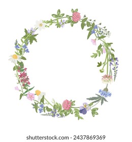 round wreath with with wild field flowers, vector drawing plants at white background, floral template design, hand drawn botanical illustration