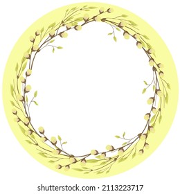 Round wreath of willow branches. Design elements with leaves and branches.