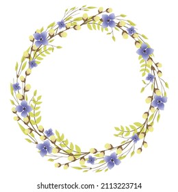 Round wreath of willow branches and young leaves with flowers. Design elements with leaves and branches.