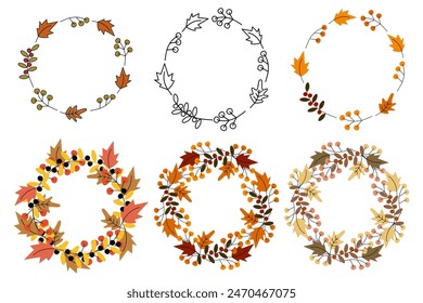 Round wreaths of autumn leaves and berry twigs Simple and lush border Set of 6 Template Copy space