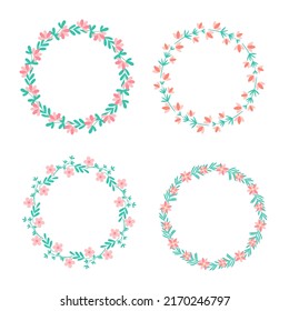 Coronas redondas con flores de primavera y verano. Plantilla de Bunch floral para postales. Marco redondo para inscripción con vegetación. Ilustración vectorial elementos de llantas botánicas y florales