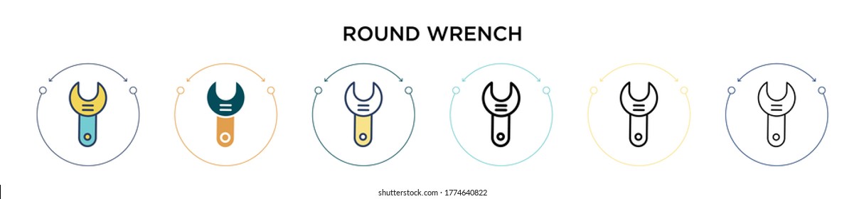 Round wrench icon in filled, thin line, outline and stroke style. Vector illustration of two colored and black round wrench vector icons designs can be used for mobile, ui, web