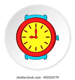 Round wrist watch icon in cartoon style on white circle background. Time symbol vector illustration
