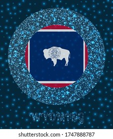 Round Wyoming badge. Flag of Wyoming in glowing network mesh style. Us state network logo. Appealing vector illustration.
