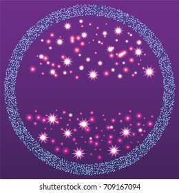 Round xmas frame or border of a random scatter blue stars with christmas lights, snowflakes and sparkles, on a violet background.
