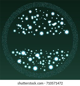 Round xmas frame or border of a random scatter green and blue stars with christmas lights, snowflakes and sparkles, on a green background.