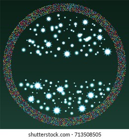 Round xmas frame or border of a random scatter colorful stars with christmas lights, snowflakes and sparkles, on a green background.