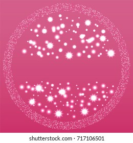 Round xmas frame or border of a random scatter grey and pink stars with christmas lights, snowflakes and sparkles, on a pink background.