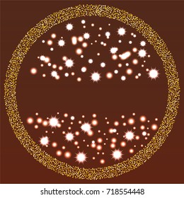 Round xmas frame or border of a random scatter gold stars with christmas lights, snowflakes and sparkles, on a burgundy background.