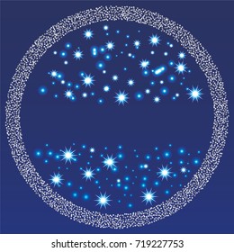 Round xmas frame or border of a random scatter silver stars with christmas lights, snowflakes and sparkles, on a blue background.