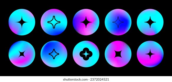 Round y2k holographic gradient set. Vivid neon blue color circles, buttons, spheres. Highlight covers with abstract symbols, stars, sparks, flowers. Trendy icons on fluid blurred circles