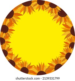 Rund gelber Hintergrund mit Sonnenblumen. Runder Rahmen für Ihren Text 