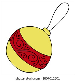 round yellow ball for tree decoration with red stripe and monograms, cute winter doodles, vector set of elements in doodle style