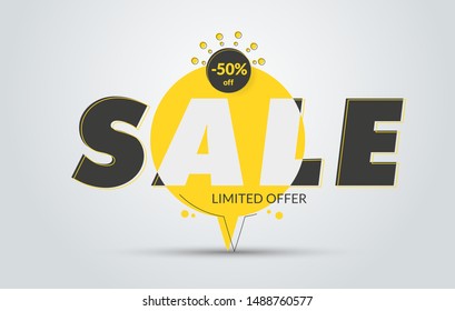 Round yellow banner with black text for big sale and discounts. Leg tag template with percent and stroke. Vector illustration