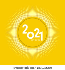Pancarta redonda amarilla con rayos de puntos. ilustración de vector feliz año 2021