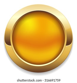 Round yellow button with gold border on white background