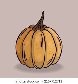 Round yellow cartoon pumpkin. Vector autumn design element isolated on light background. Hand drawn doodle vegetables